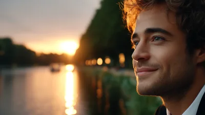 Young Man Smiling While Looking At Sunset By River