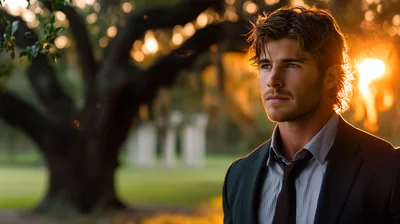Handsome Man In Suit Standing Outdoors At Sunset