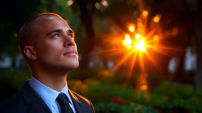 Businessman Looking Upwards At Sunset In A Park
