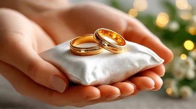 Hands Holding A White Satin Ring Pillow With Wedding Bands
