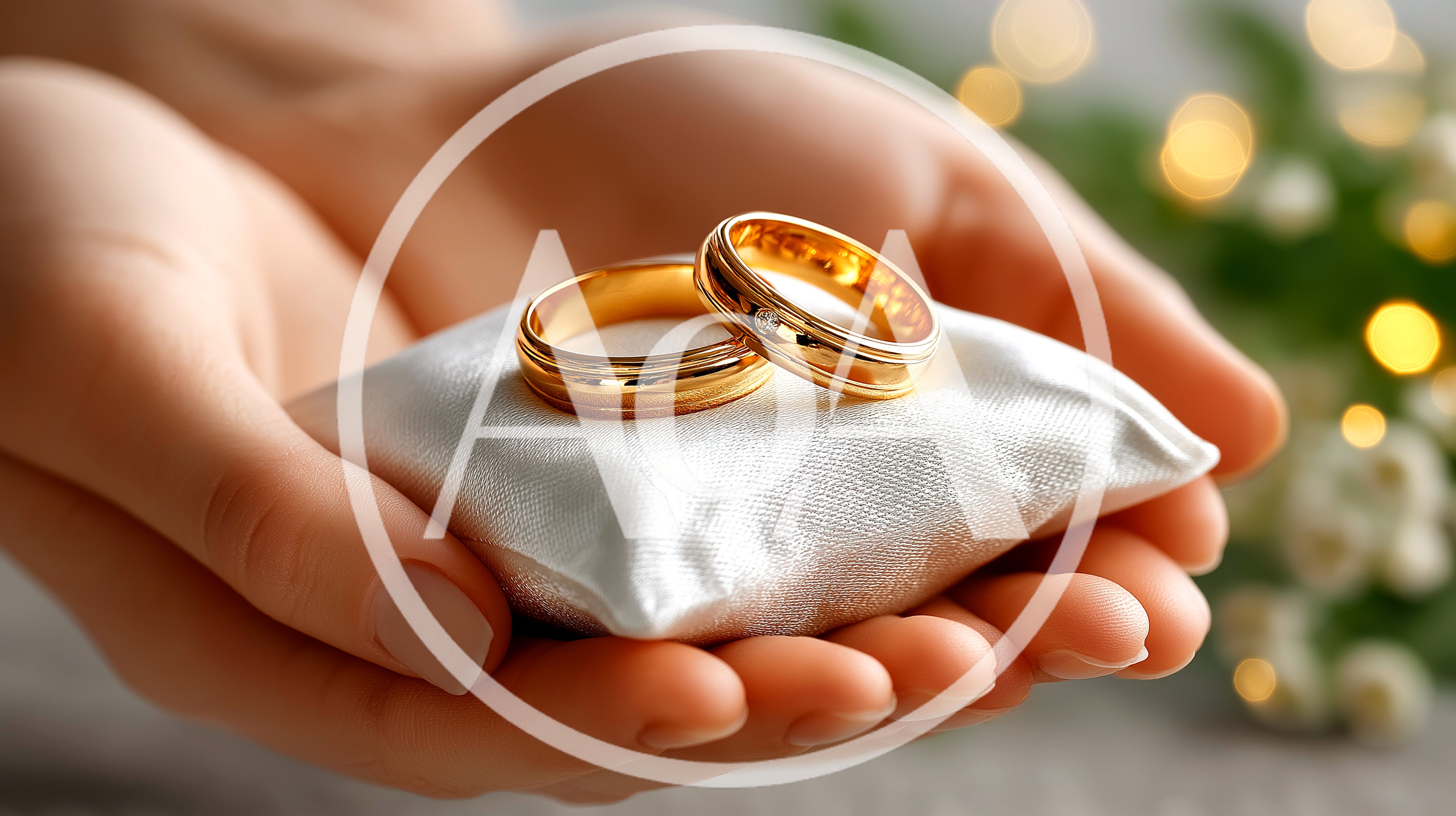 Hands Holding A White Satin Ring Pillow With Wedding Bands