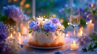 Floral Decorated Birthday Cake With Champagne And Candles