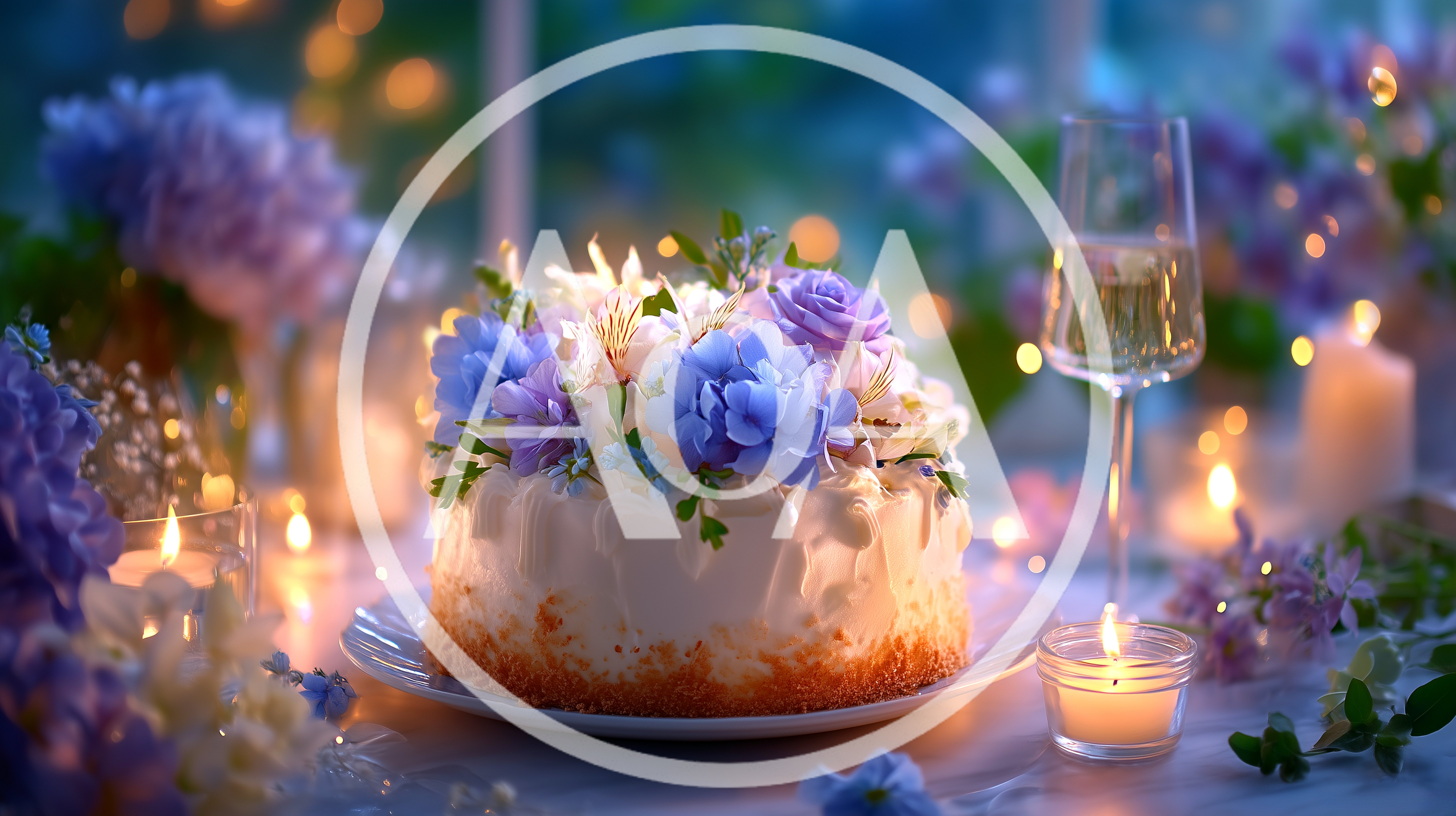 Floral Decorated Birthday Cake With Champagne And Candles