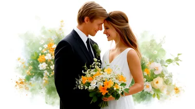 Happy Newlywed Couple Embracing With Floral Bouquet