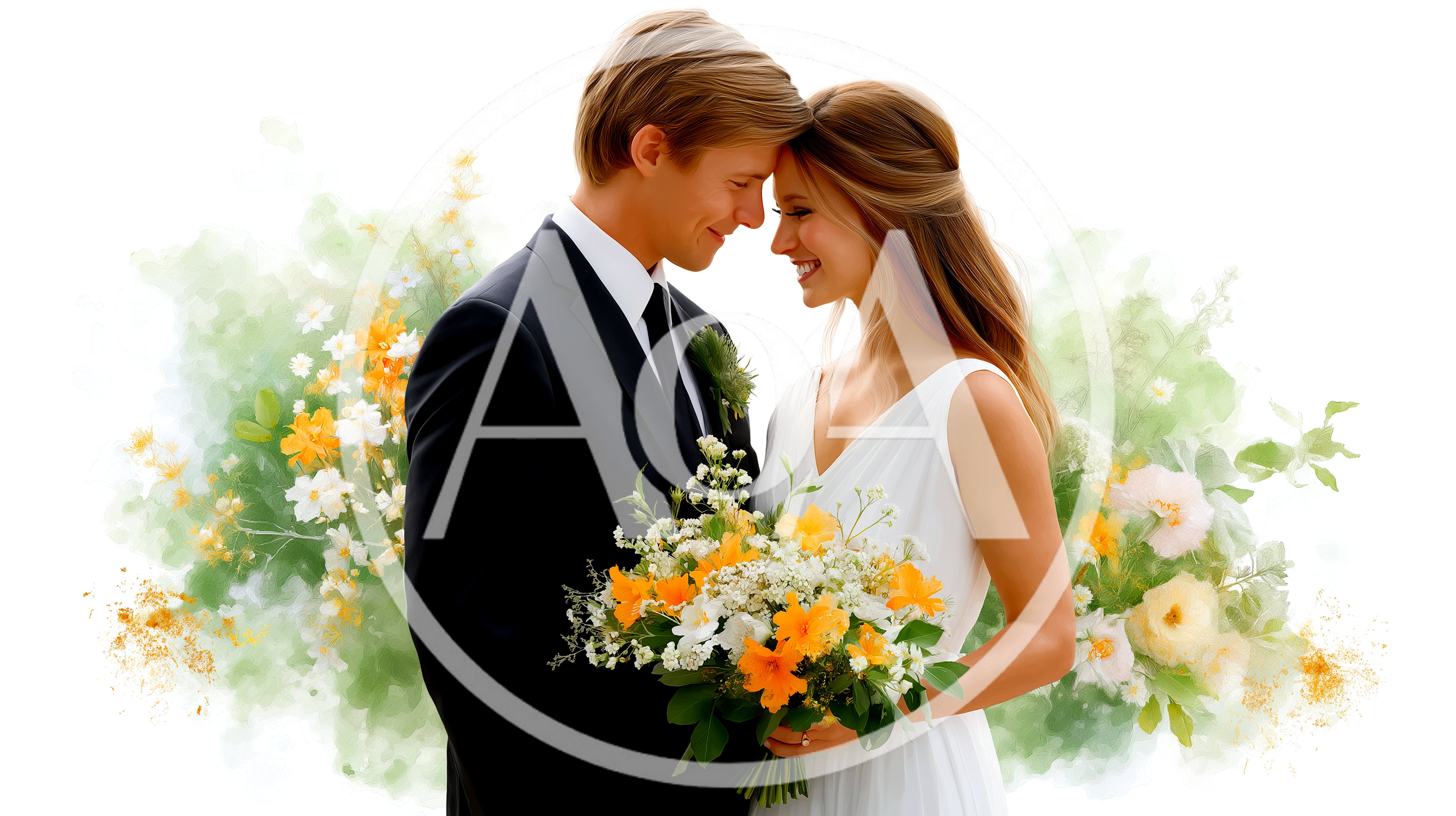 Happy Newlywed Couple Embracing With Floral Bouquet