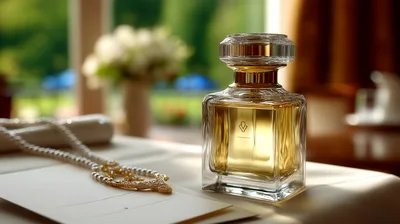 Luxury Perfume Bottle With Pearl Necklace On Table