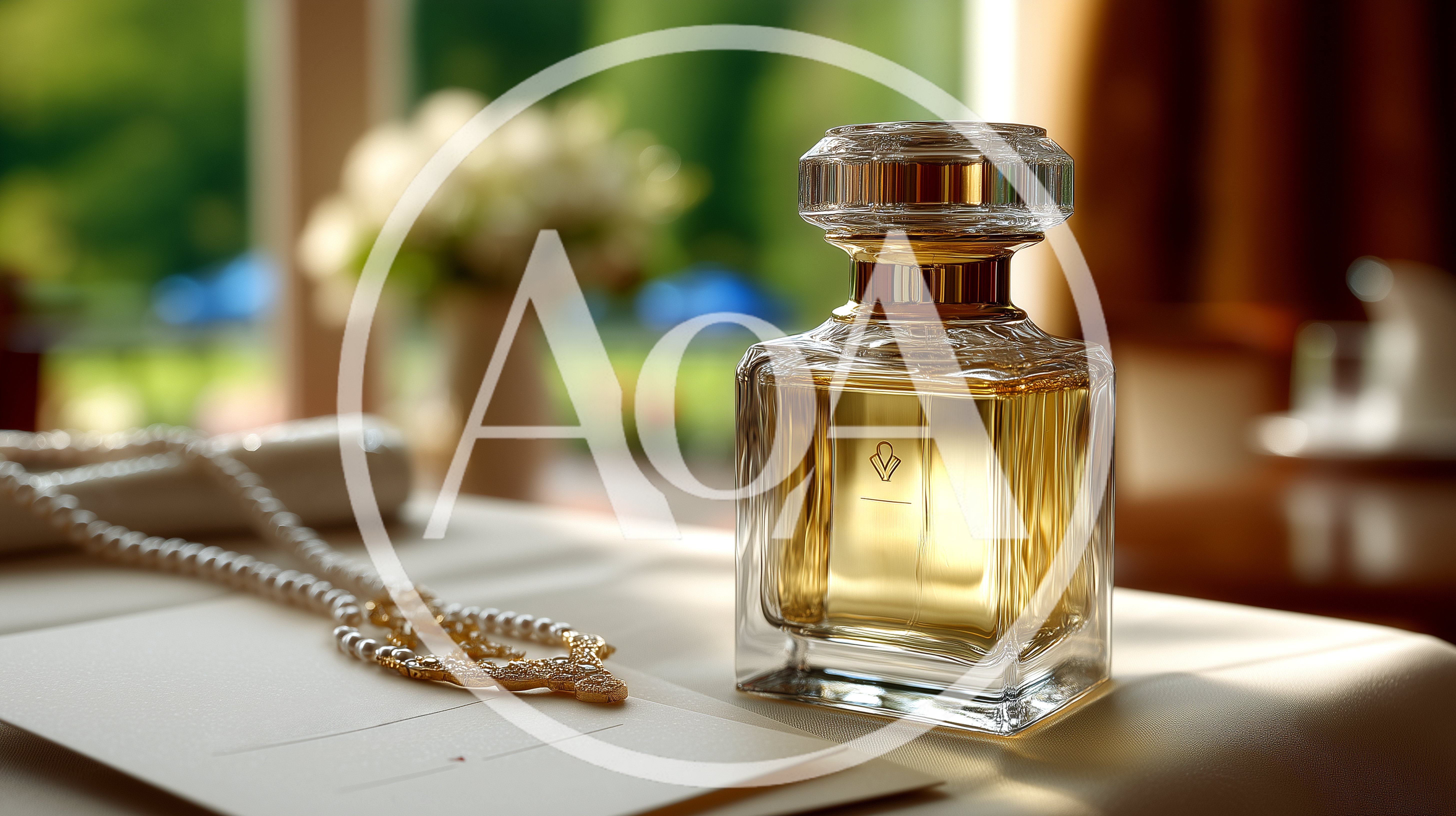 Luxury Perfume Bottle With Pearl Necklace On Table