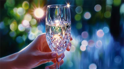 Hand Holding A Crystal Champagne Flute With Bokeh Background