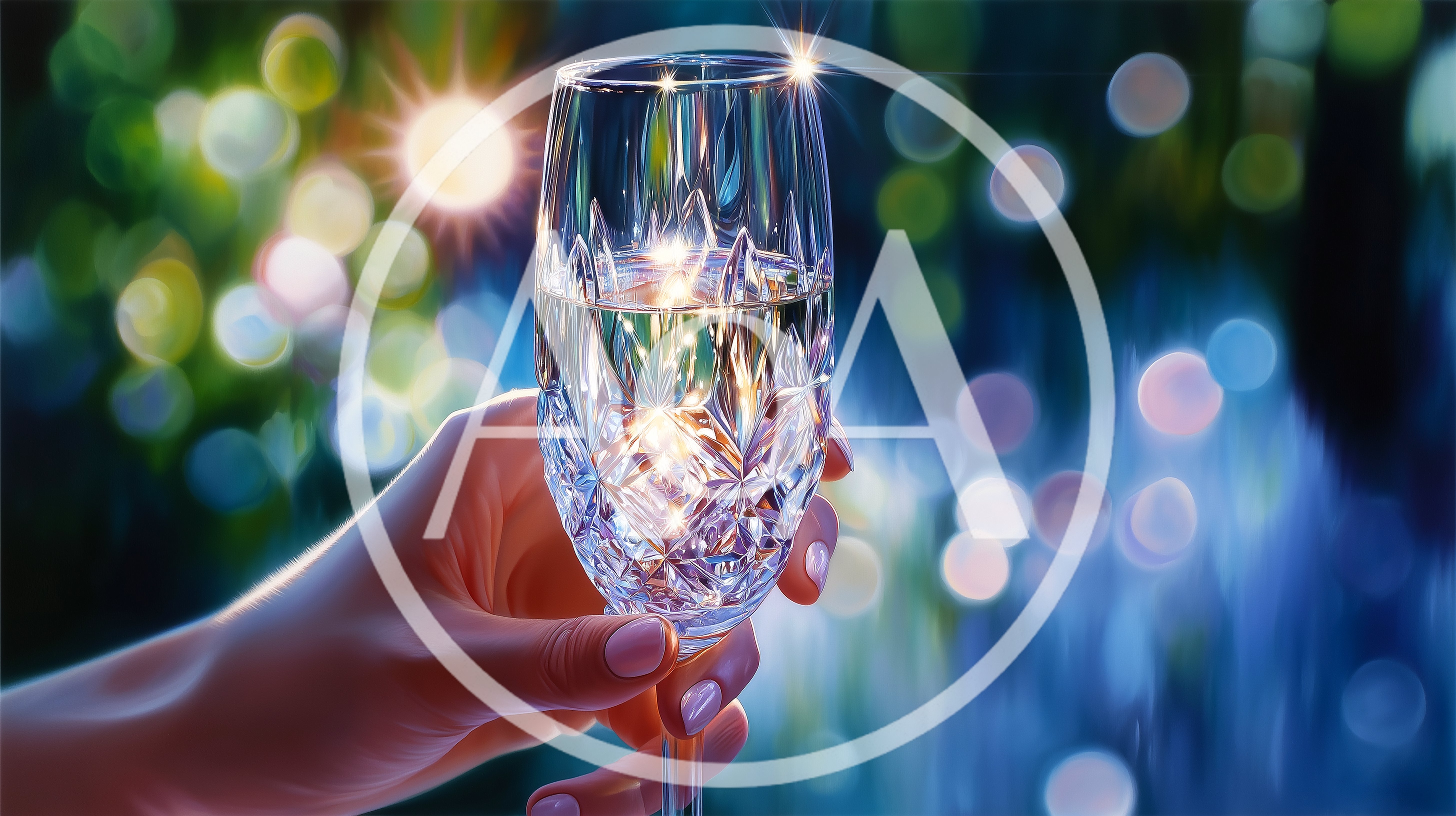 Hand Holding A Crystal Champagne Flute With Bokeh Background