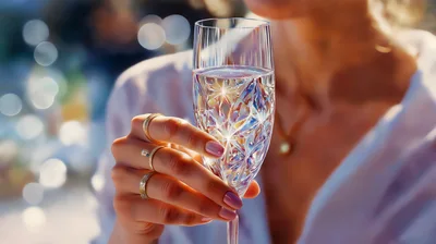 Woman Holding Crystal Champagne Flute With Rings