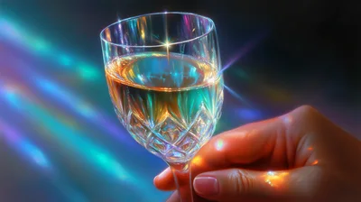 Hand Holding Crystal Wine Glass With Rainbow Light Refractions
