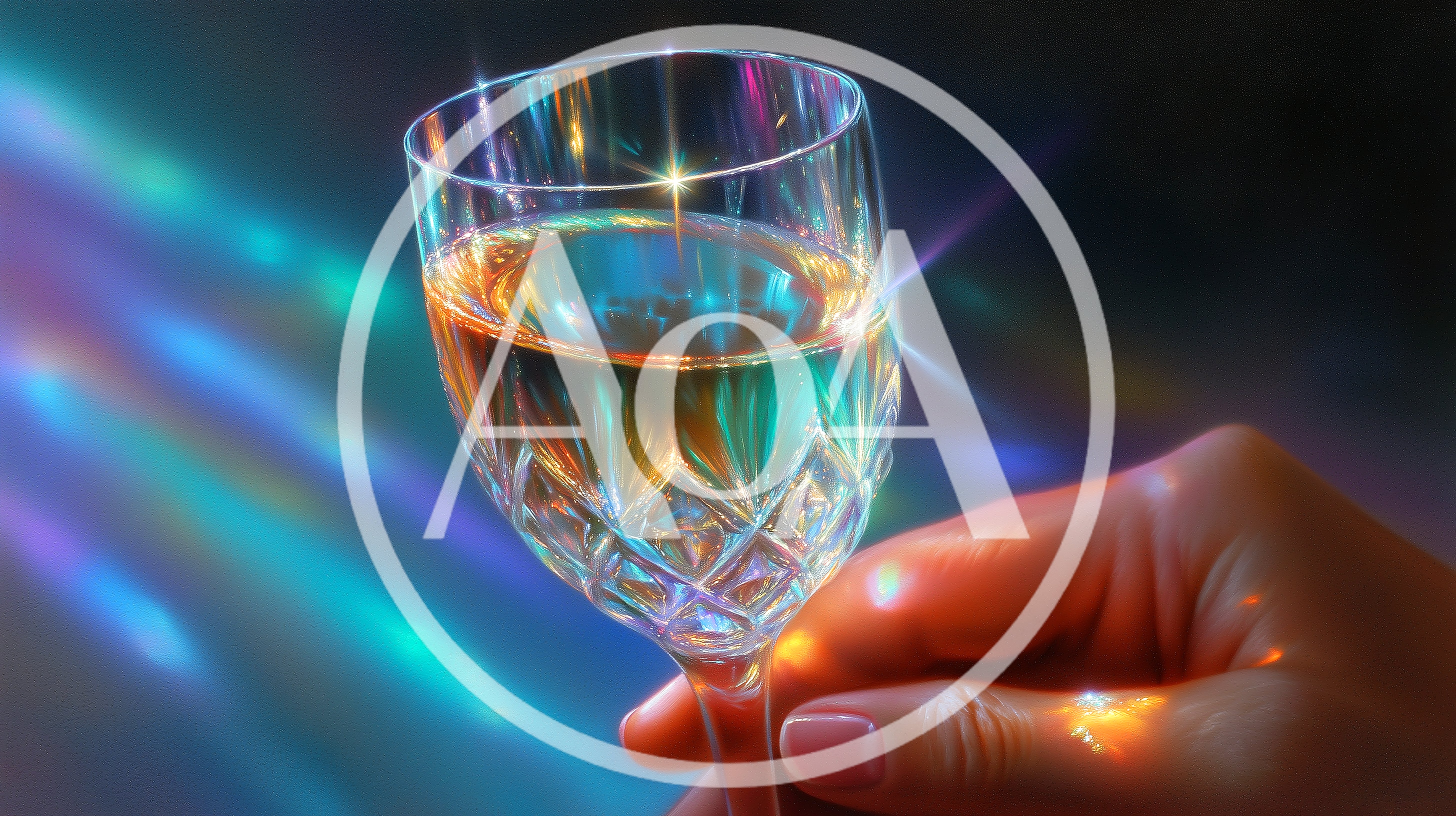 Hand Holding Crystal Wine Glass With Rainbow Light Refractions