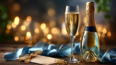 Champagne Bottle and Flute with Blue Ribbon