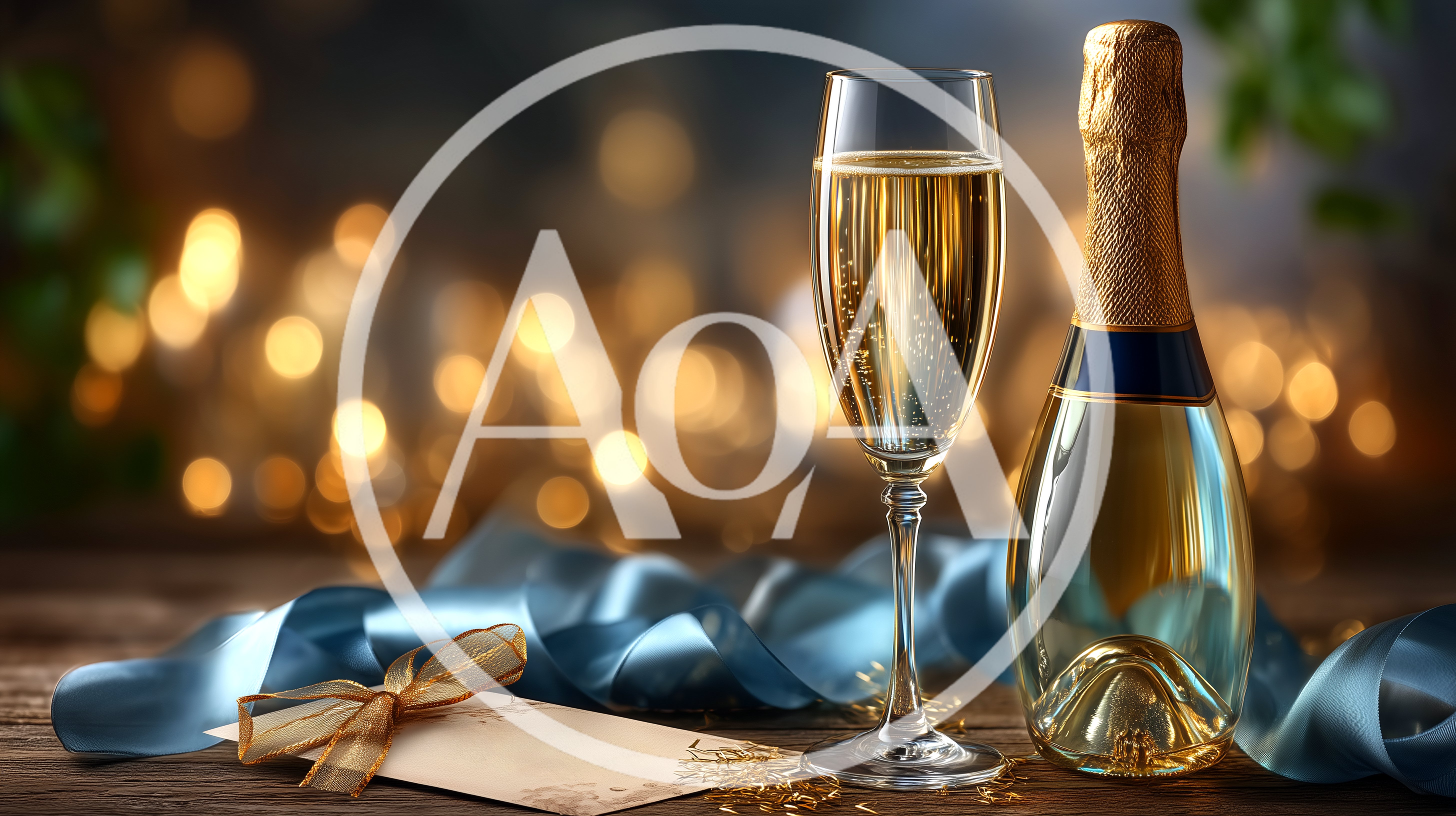 Champagne Bottle and Flute with Blue Ribbon