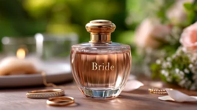 Perfume Bottle Labeled Bride With Wedding Rings