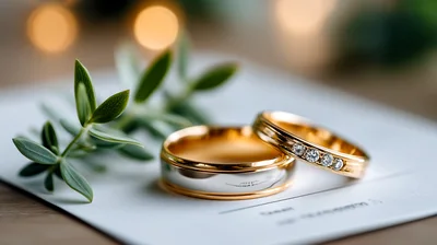Two Gold Wedding Rings Resting On A White Invitation