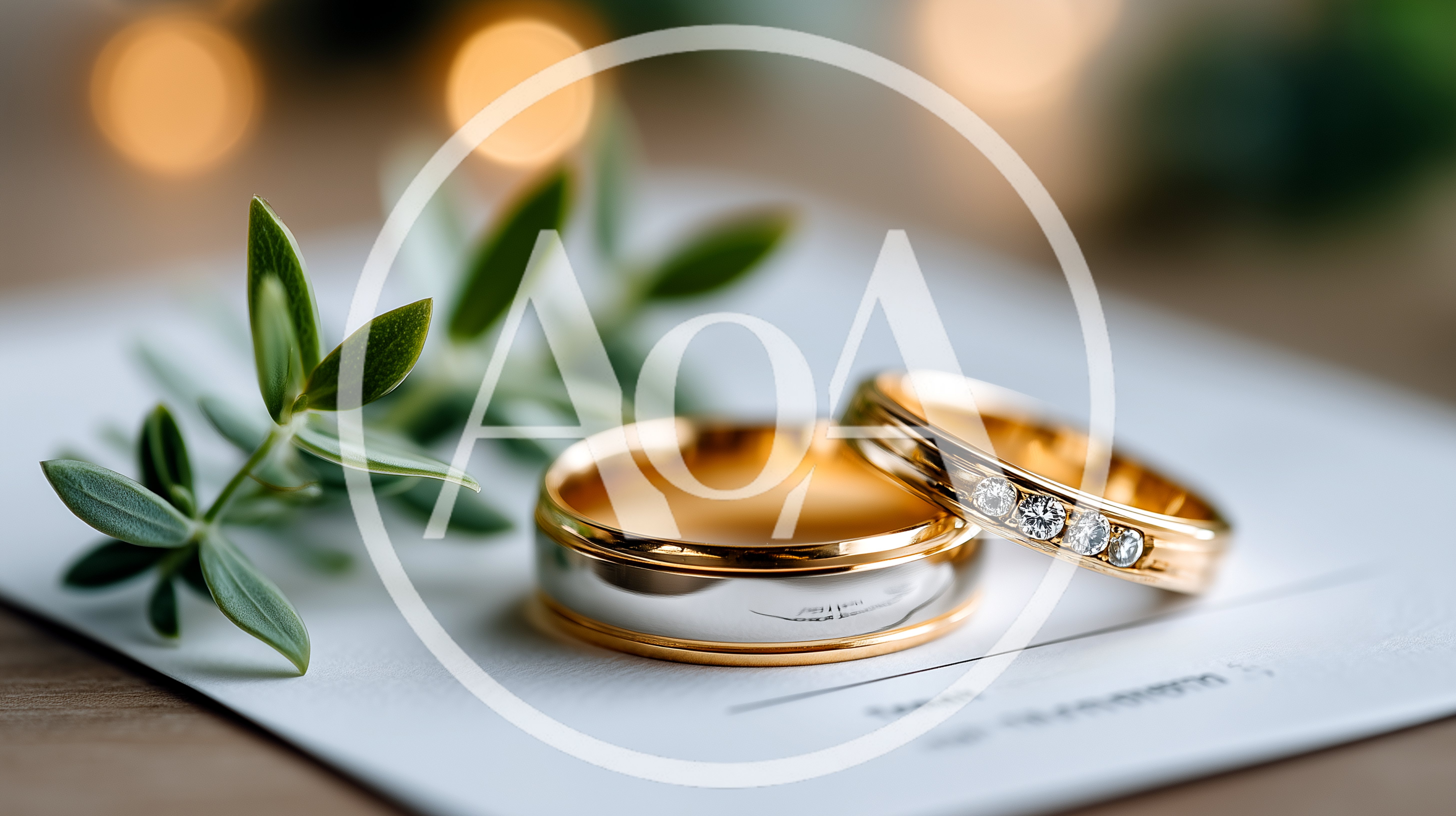 Two Gold Wedding Rings Resting On A White Invitation