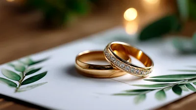 Two Gold Wedding Rings On A Floral Invitation