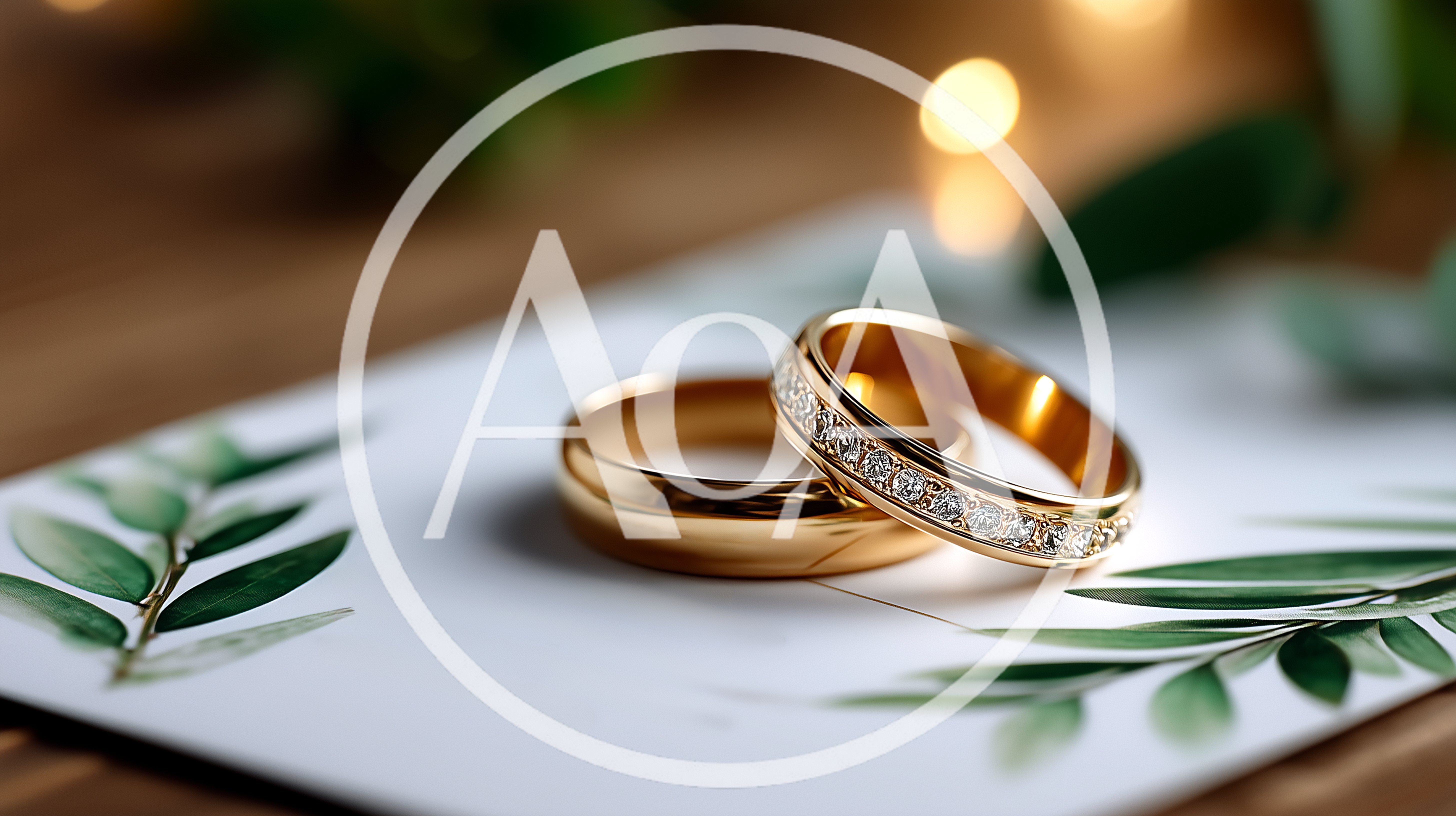 Two Gold Wedding Rings On A Floral Invitation