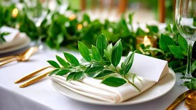 Elegant Wedding Table Setting With Greenery And Gold Cutlery