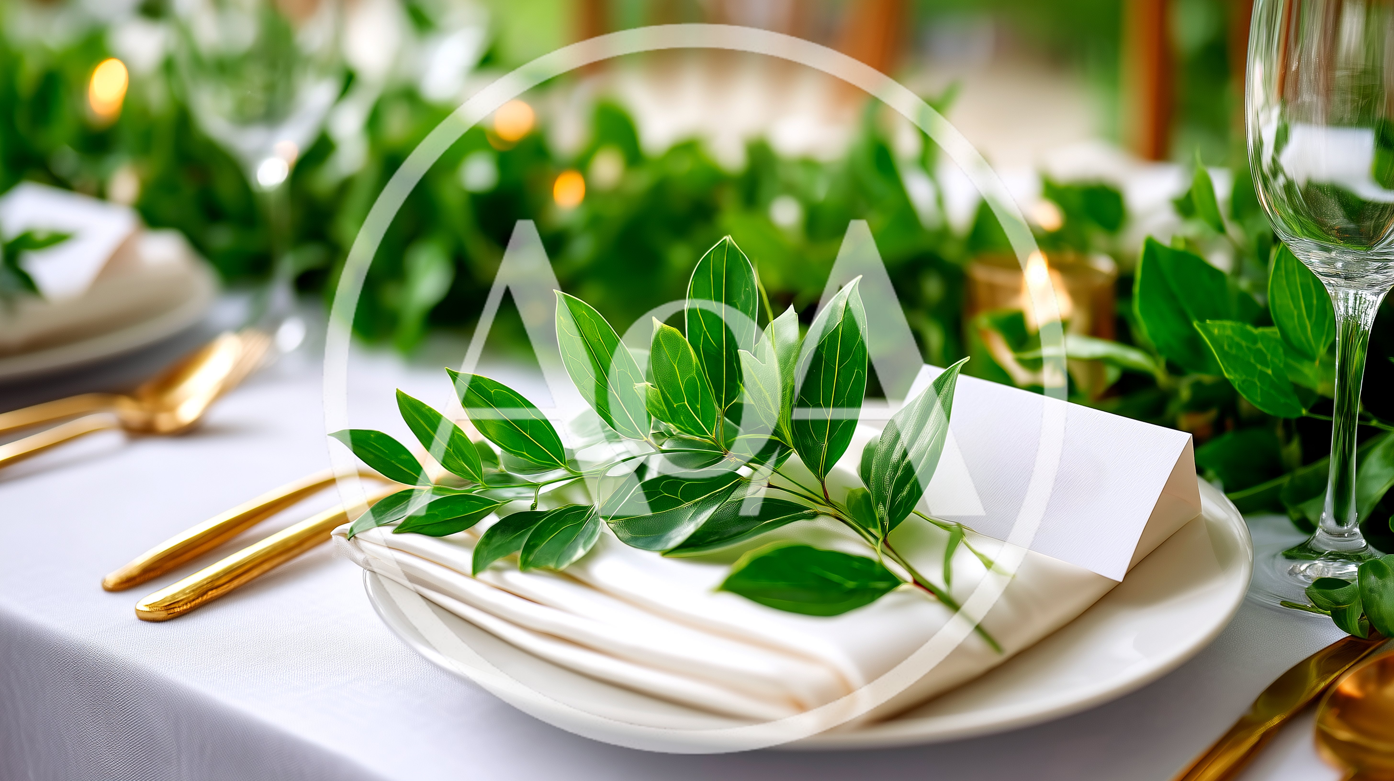 Elegant Wedding Table Setting With Greenery And Gold Cutlery