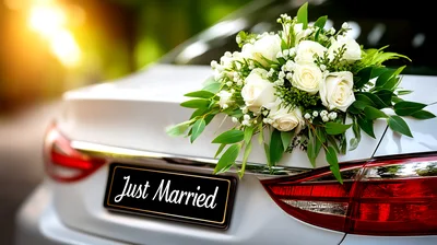 Wedding Car Decorated With White Roses And Just Married Sign