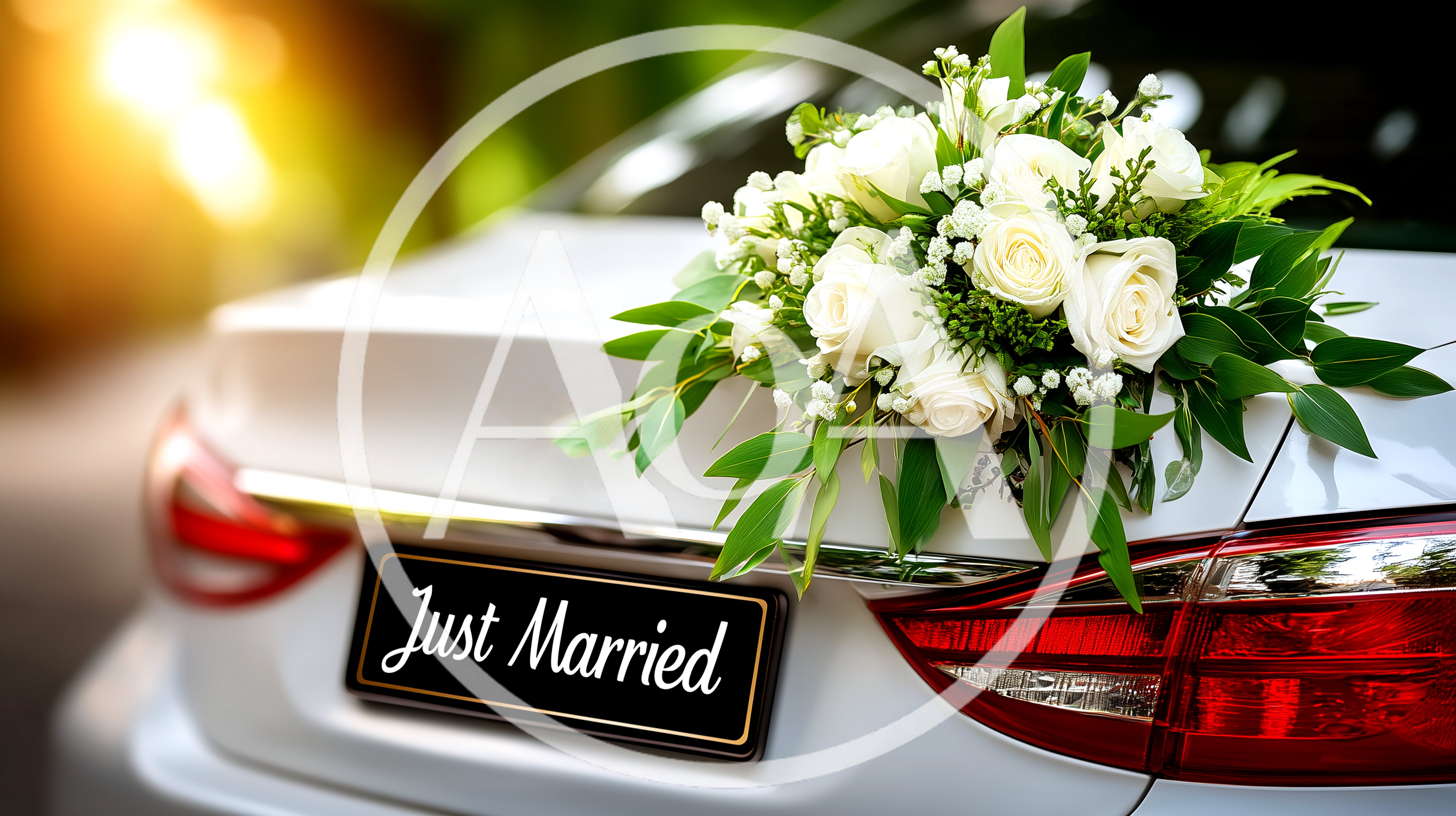 Wedding Car Decorated With White Roses And Just Married Sign