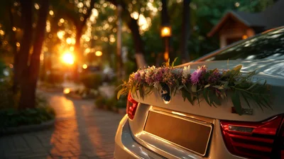 Wedding Decorated Car Trunk At Sunset