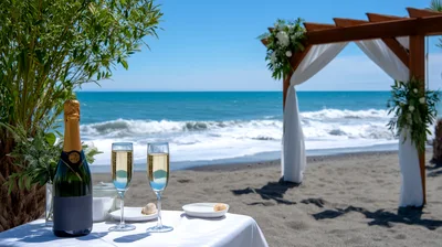 Champagne Flutes On A Beach Wedding Table