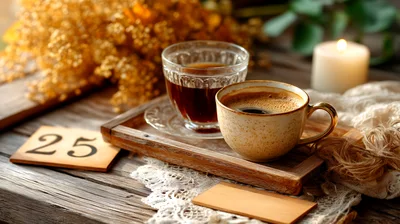 Coffee Cups On A Wooden Tray With Calendar Date