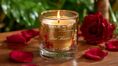 Lit Candle With Love Forever Text And Red Roses