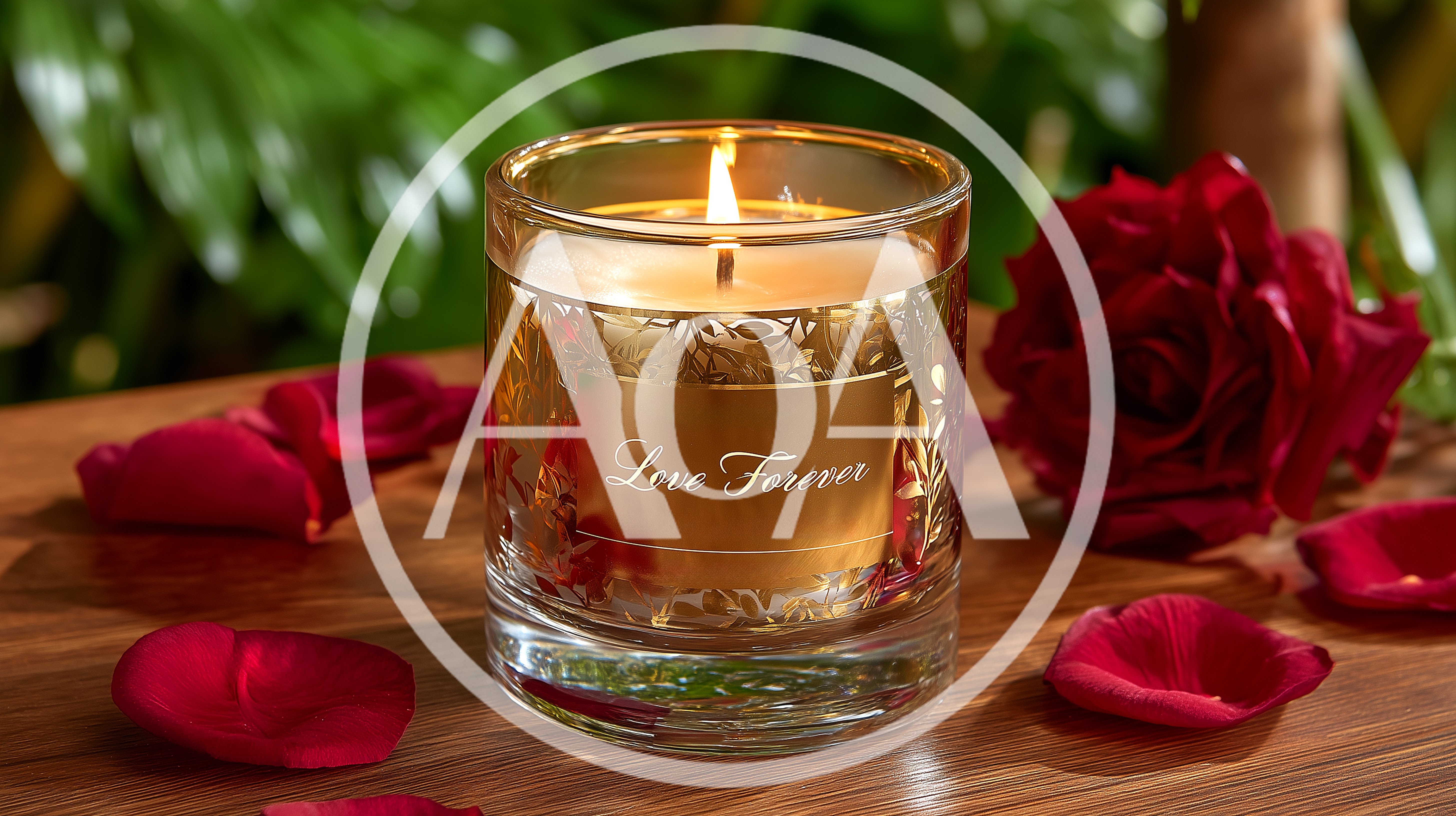 Lit Candle With Love Forever Text And Red Roses