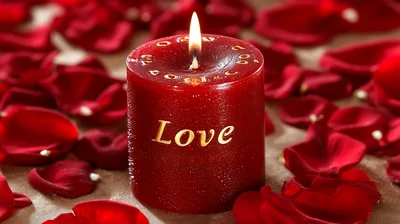 Red Candle With Love Text Surrounded By Rose Petals