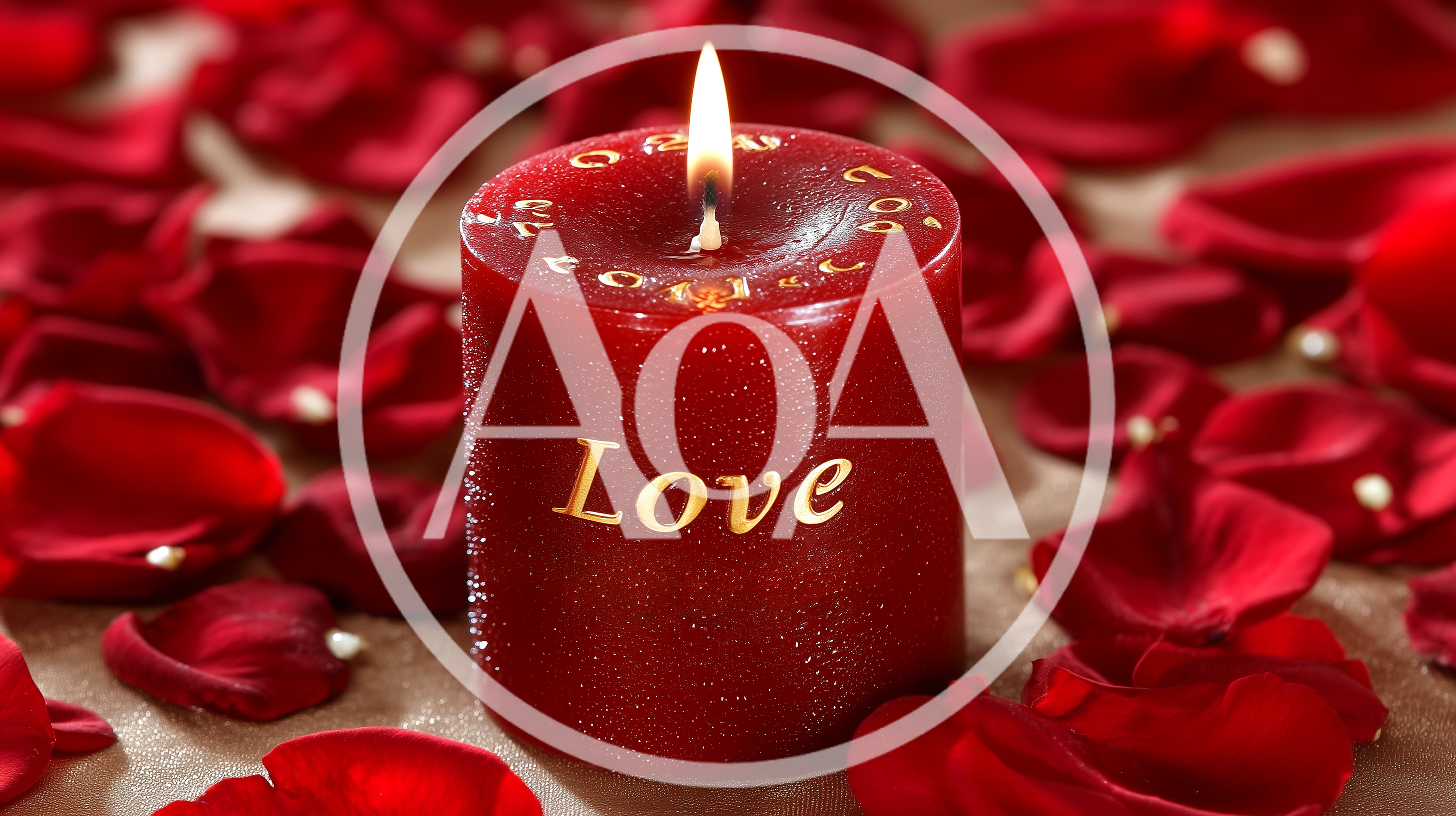 Red Candle With Love Text Surrounded By Rose Petals