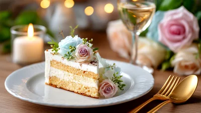 Slice of Layered Cake Decorated with Fresh Flowers