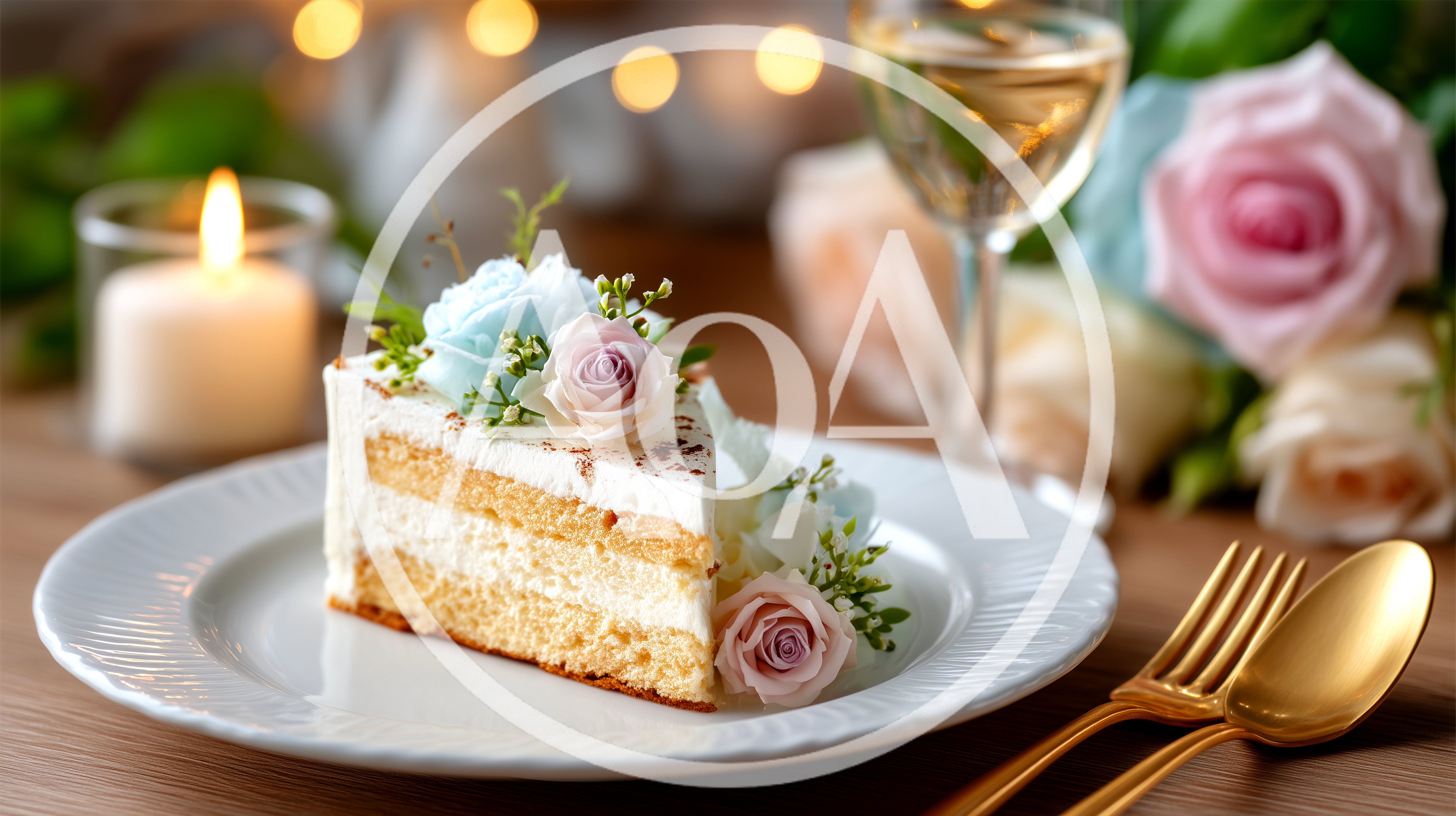 Slice of Layered Cake Decorated with Fresh Flowers