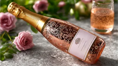 Rose Champagne Bottle With Floral Embossing And Glass