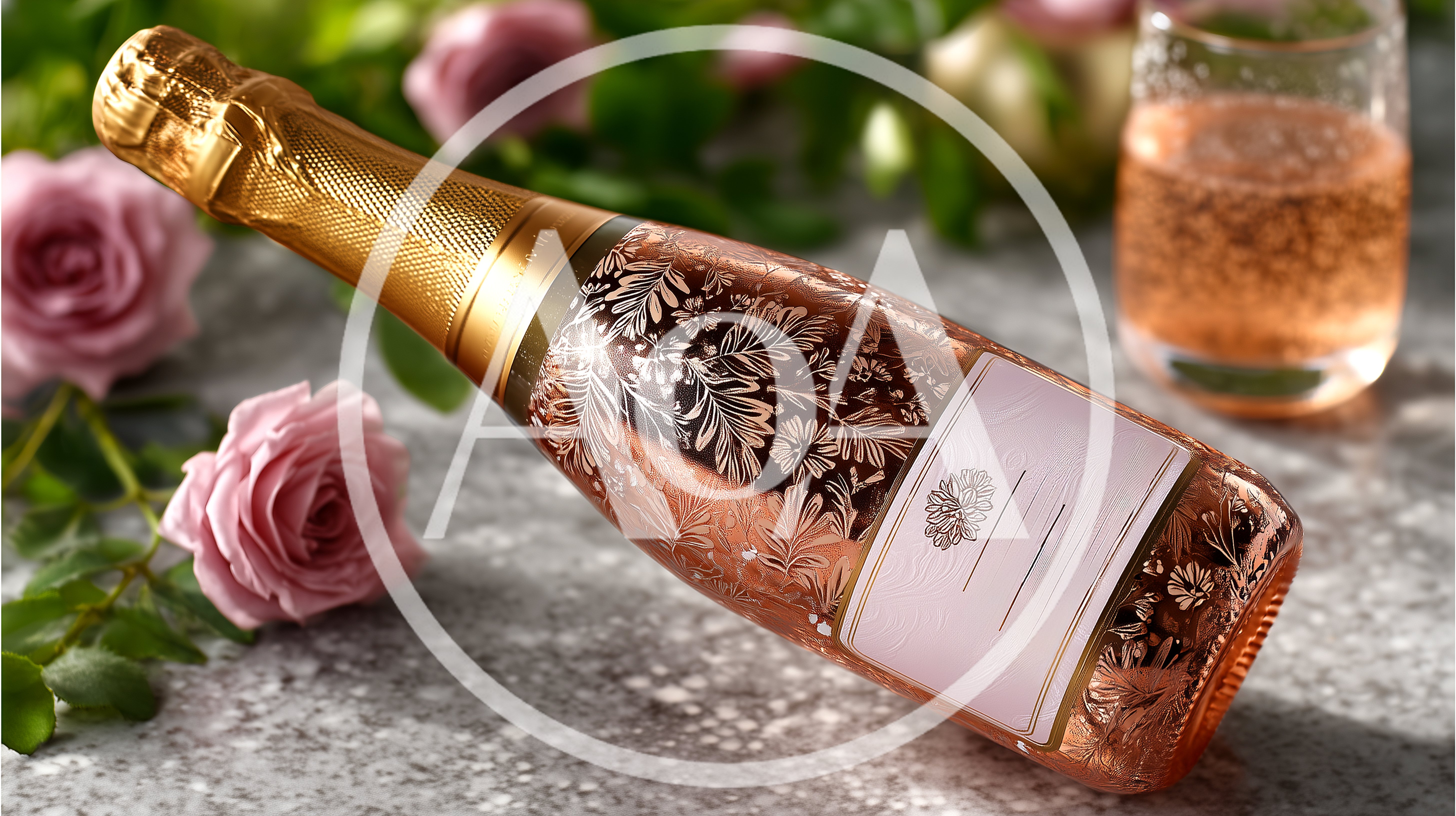 Rose Champagne Bottle With Floral Embossing And Glass