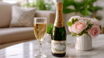 Champagne Bottle And Glass On Marble Table