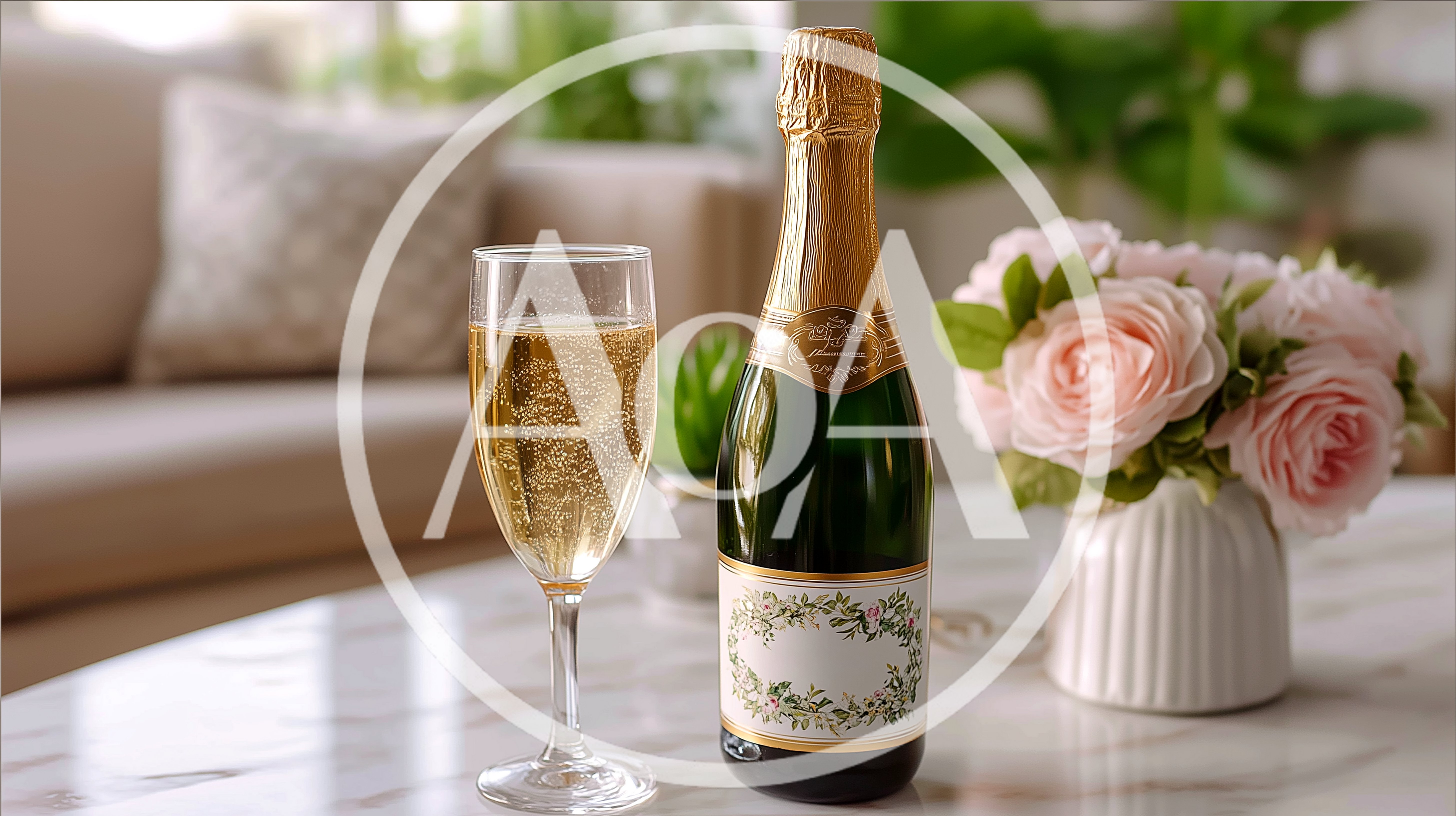 Champagne Bottle And Glass On Marble Table