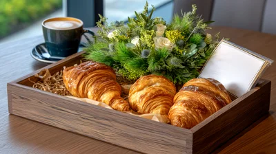 Fresh Croissants And Coffee On A Wooden Tray