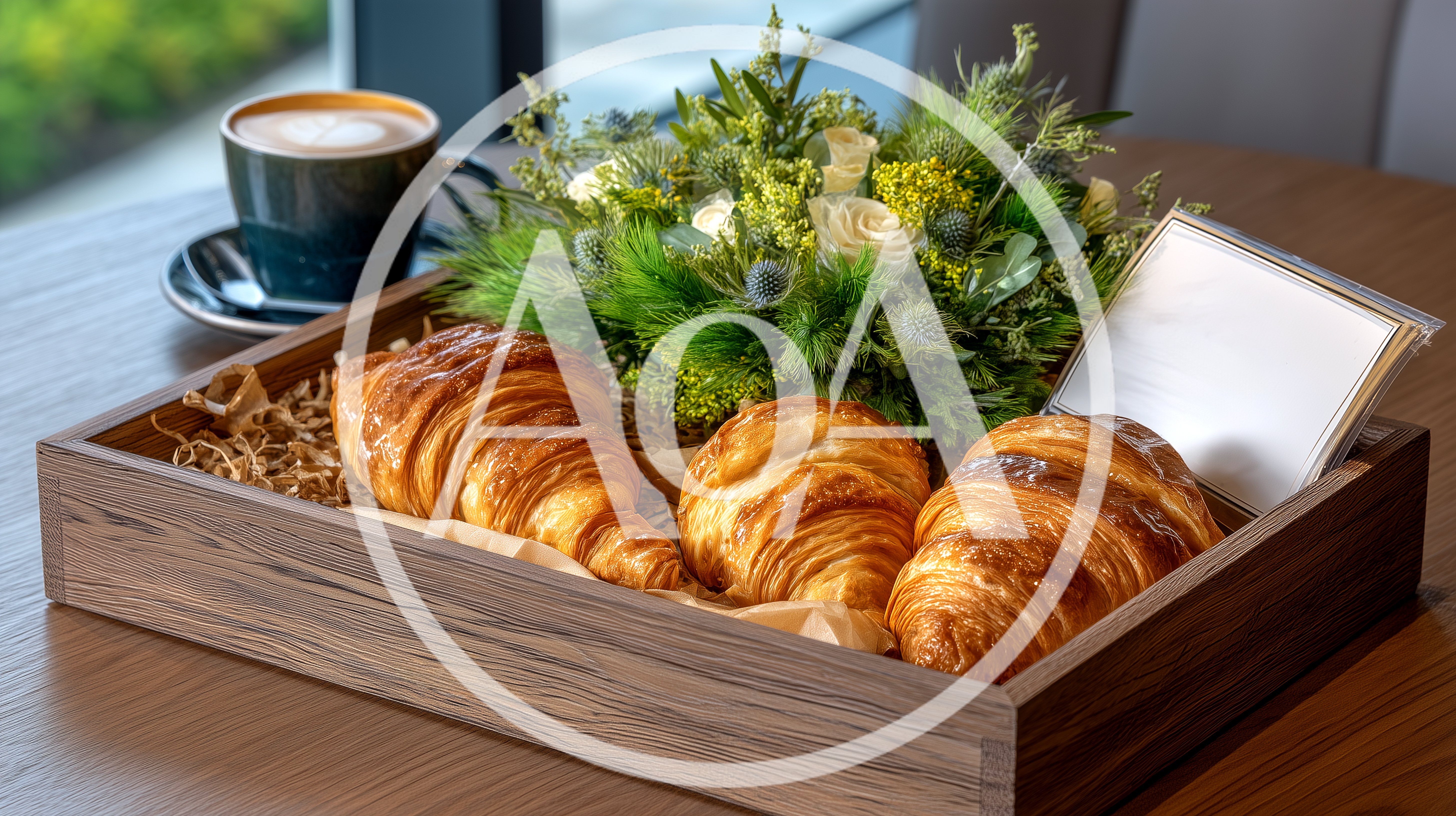 Fresh Croissants And Coffee On A Wooden Tray