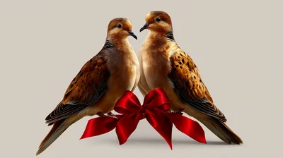Two Mourning Doves Perched Together With Red Ribbon