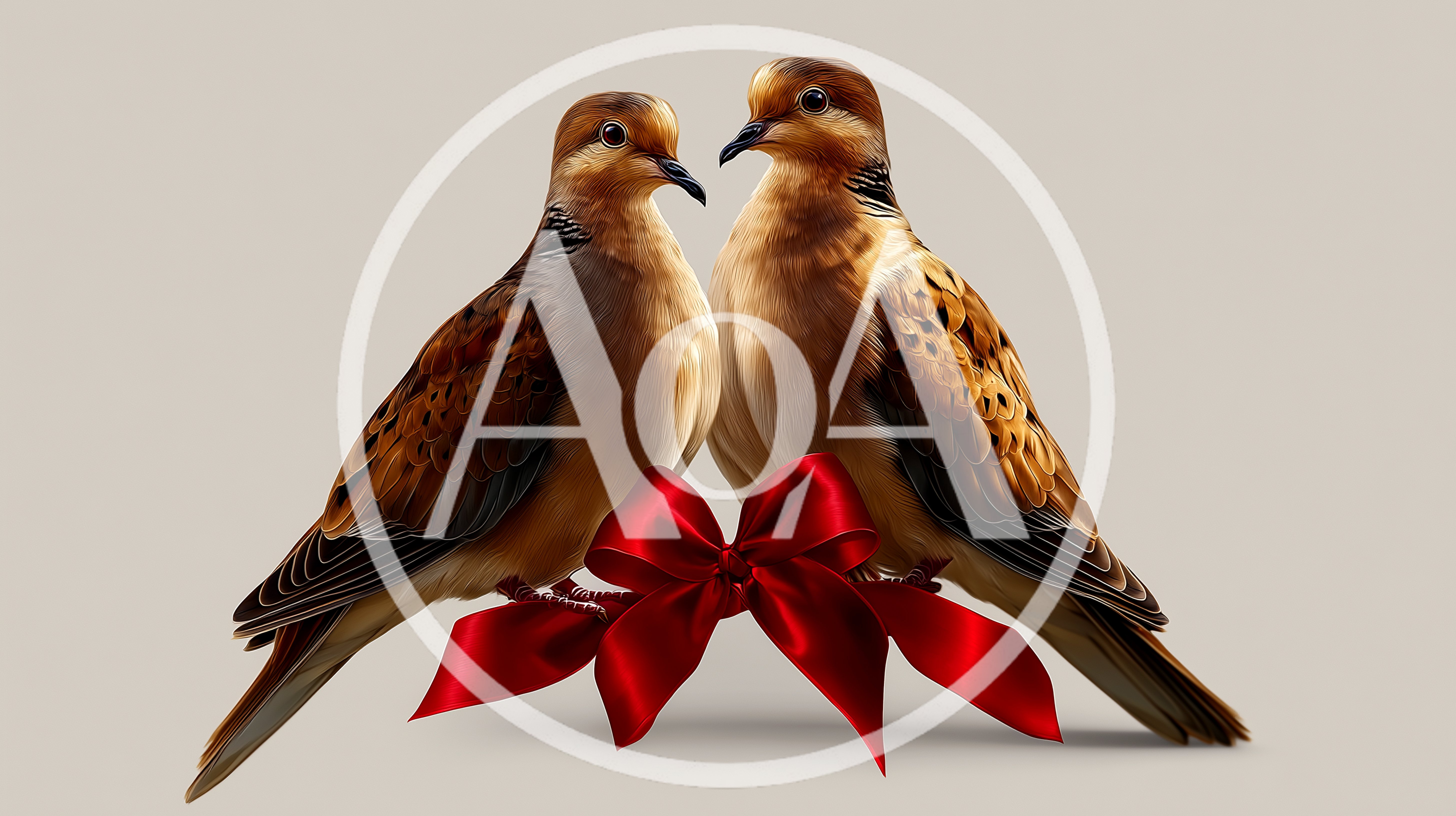 Two Mourning Doves Perched Together With Red Ribbon