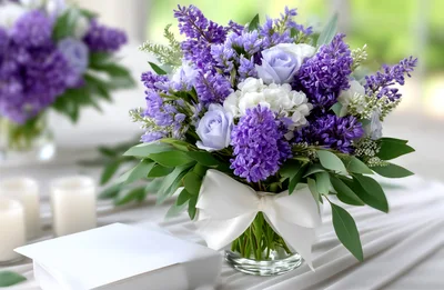 Elegant Purple Floral Bouquet With White Ribbon