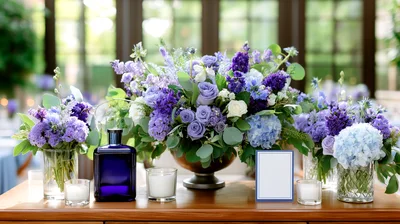 Elegant Purple Floral Centerpiece Arrangement On Wooden Table