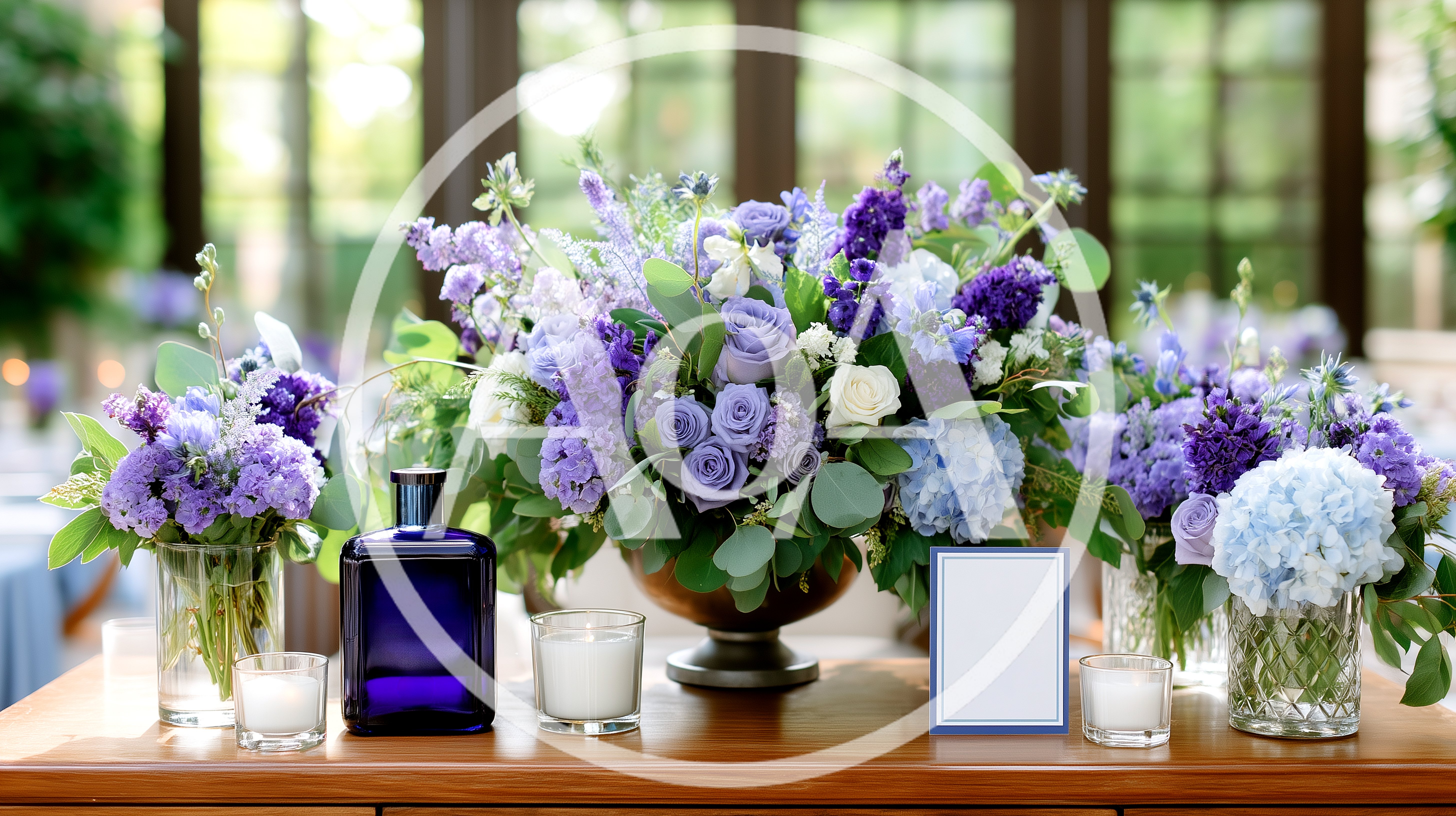 Elegant Purple Floral Centerpiece Arrangement On Wooden Table