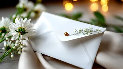 White Envelope With Flowers And Gold Pin