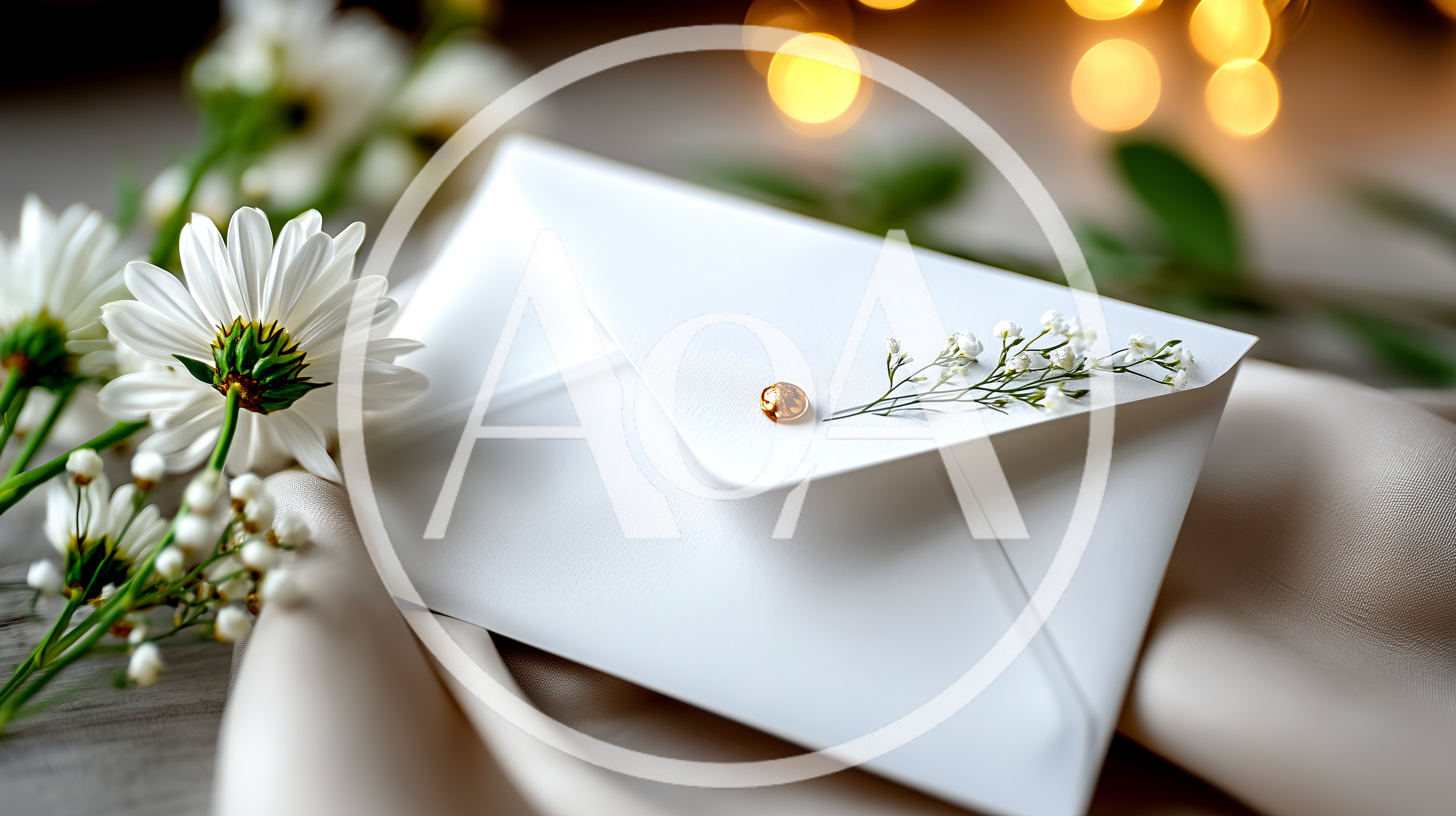 White Envelope With Flowers And Gold Pin