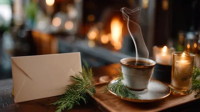 Steaming Coffee Cup With Envelope And Candles